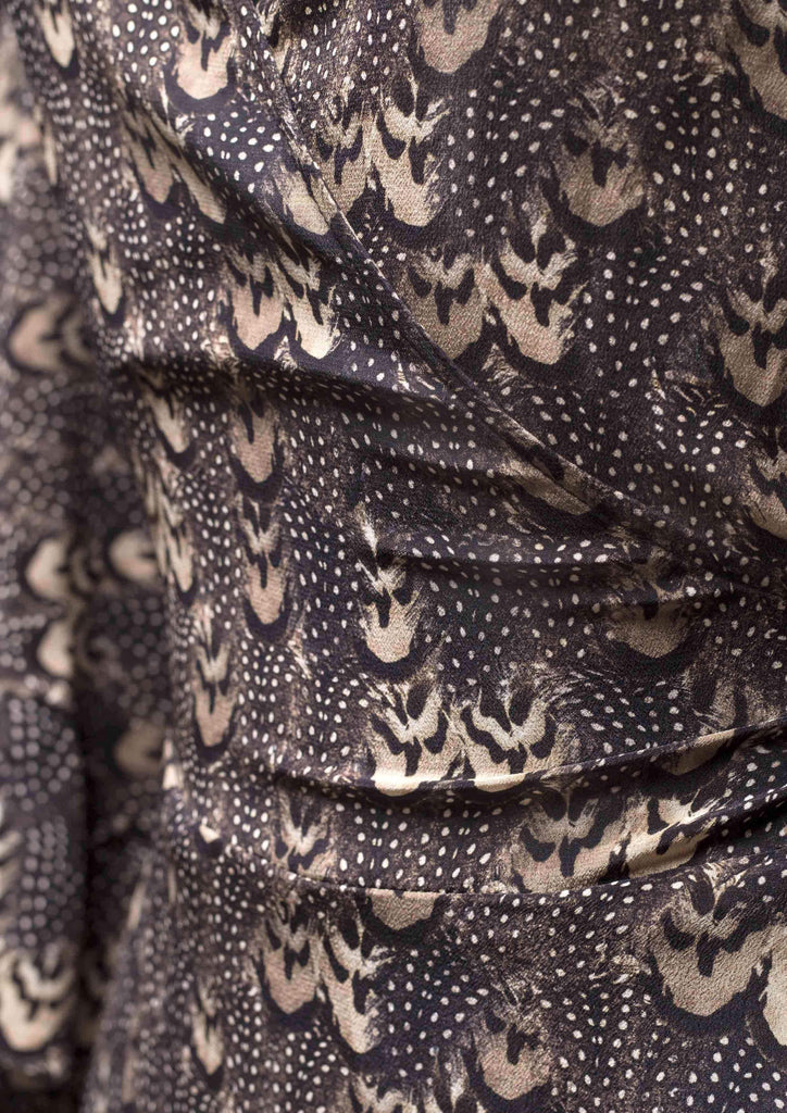 Oswaldo Gold Feather Print Dress Detail Shot